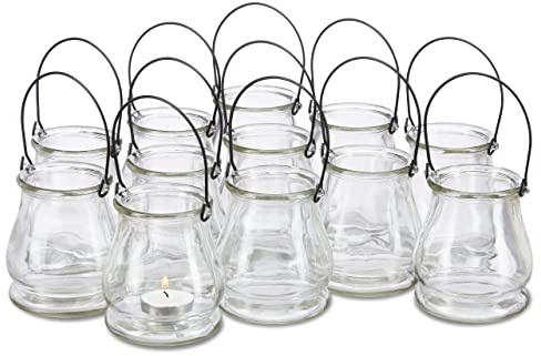 Relaxdays 48 x glaslykta rund glasvas med handtag, bordsdekoration för inomhus och utomhus, hängande vindljus 10 cm hög, klar