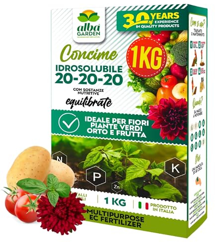 Albagarden - Concime Idrosolubile Per Piante Verdi Fiori Orto E Frutta - Fertilizzante Universale Equilibrato 20 20 20 - Polvere A Base Azoto Fosforo Potassio x 1 kg