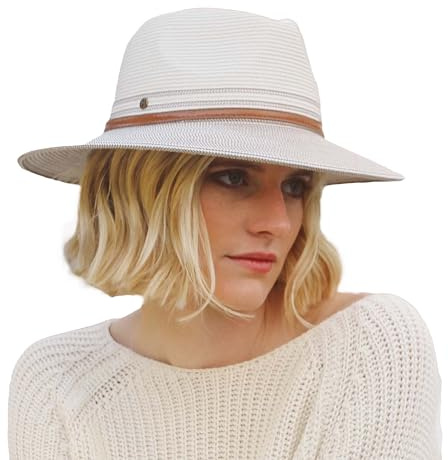Bella Fedora Chapeau UPF 50 Femme Chapeau d'été Pliable pour Femme Anti UV M/58cm Taille Régable - Taille: M-L/58cm - Ivoire/Pierre