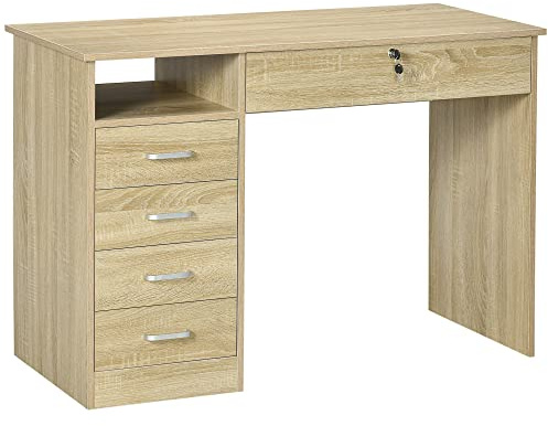 HOMCOM Computer Desk, Home Office Desk with Lockable Drawer, Storage Shelf for Study Bedroom, 110 x 50 x 76 cm, Oak