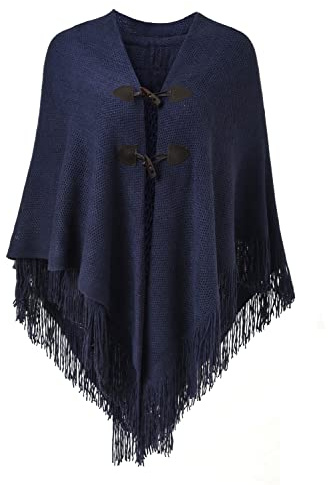 Ferand Poncho de Frente Abierto para Mujer, Chal Holgado con Flecos para Otoño Invierno - Talla única - Azul Marino