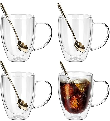 JNSMFC Double Walled Glass Coffee Mugs with 4 Spoons,350ML Set of 4 Insulated Glass Coffee Mugs with Handle,Clear Coffee Cups for Cappuccino,Espresso,Latte,Tea,Hot/Cold Beverage