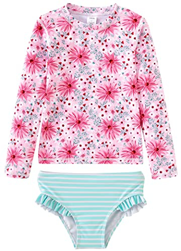 UMELOK Toddler Girls' Rash Guard Set 2-Pieces Long Sleeve Swimsuit Sets Pink/Light Green, Daisy 4T