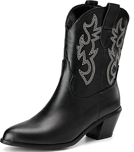 Mo Joc Fashion Bottes de cowboy à manche court pour femmes avec talons blocs et bottes occidentales à bout pointu