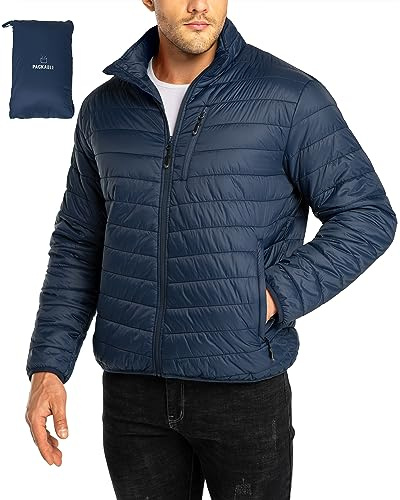 33,000ft Mens Winter Lightweight Jacket Warm Short Packable Puffer Jacket Transitional Padded Jacket Quilted Jacket for Men Lined for Hiking Travelling Navy Blue L