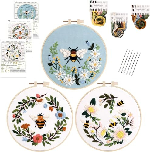 HAOCOO 3 set broderisats för nybörjare, korsstygnskit med blommönster och bimönster och instruktioner, komplett utbud av broderityg, broderiöglor, färgtrådar och verktyg (biblomma)