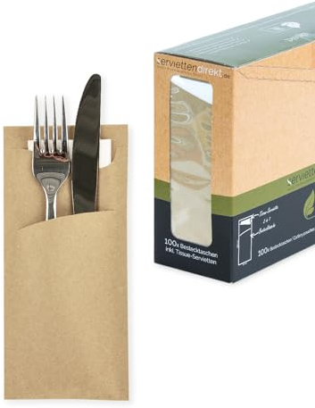 PRIME GUEST Bestecktasche Recycling 85x190mm Bestecktaschen mit Servietten in Weiß, 2-lagige Serviette ideal für Gastronomie und Feiern (Naturbraun, 100 Stück)