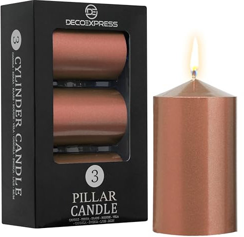 DECO EXPRESS Lot Bougies Piliers de 3, Bougie Longue Durée de Combustion de 30 Heures, Sans Parfum, Gamme Métallique (Cuivre - Lot de 3)