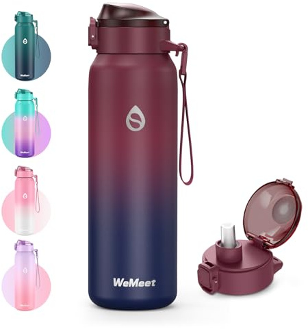 WEMEET - Botella de acero inoxidable 18/10 con pajita extraíble, 700 ml, sin BPA con tapa de tritán, perfecta para deportes al aire libre, trabajo, viajes, escuela (rojo, negro)