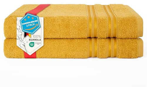 Hammetex Duschtücher 2er Set 70x140 cm – Badetücher aus 100% Baumwolle Frottier – Oeko-TEX Zertifiziert – Weich, Saugstark – mit Aufhänger, Senf
