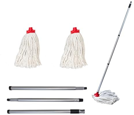 BEST HOUSE | 2 Pcs Cleaning Mops With 1.2m Metal Stick | Mop Replacement | Adjustable Height Stick | Durable | Super Absorbent | Ideal for Home, Kitchen, Bathroom, Office | Large Mop