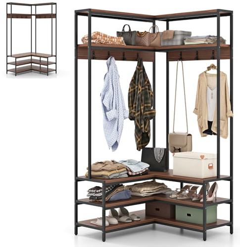 HOMASIS Stand Appendiabiti a Forma di L con Panca per Scarpe, Appendiabiti Angolare 3 in 1 con 7 Ganci, Guardaroba a Giorno in Metallo e Legno per Corridoio, Soggiorno, 90x90x178 cm (Noce)
