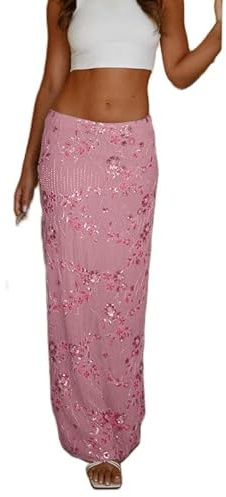FeMereina Women Y2K Sequin Long Skirt Sparkle Rhinestone Floral Maxi Skirt High Waist Glitter Midi Skirt Going Out