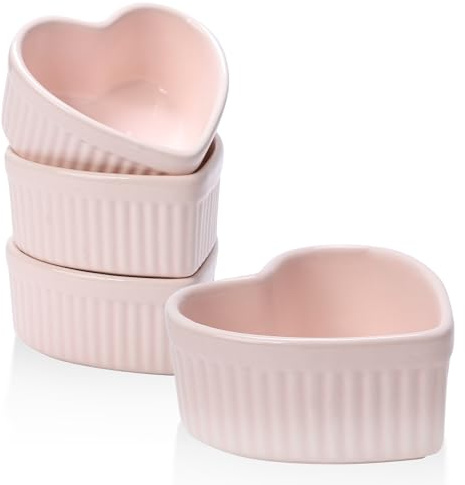 VanEnjoy 4 pack 5oz Heart Shaped Ramekins Ceramic Bowl Bakeware for Souffle Creme Brulee Oven and Dishwasher Safe Baking Dishes Cute Pink Cookware for Kitchen