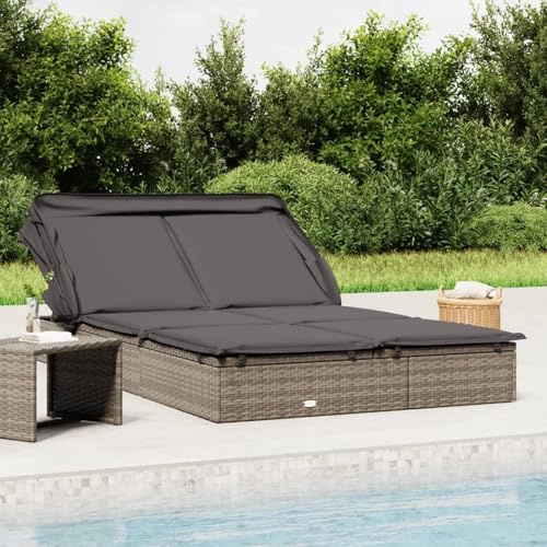 Hoodmeel Lettino Sole, Lettino Mare, Lettino Giardino, Sdraio Prendisole, Lettino Sdraio, Lettini Mare, Lettino Doppio Tetto Pieghevole Grigio 213x118x97 cm Polyrattan