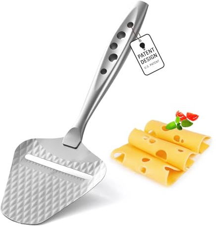 Premium Cheese Slicer – Effortless Slicing for All Cheese Types – Multi-Functional Cheese Cutter - Stainless Steel Cheese Plane – Quilted Pattern Reduces Resistance, Non-Stick, Ergonomic Handheld Grip