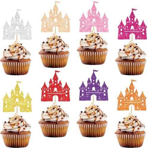 PRESSINART 24 Pièces 8 Couleurs Décorations Cupcake Château 2.8 x 2.6 Pouces Pièces Topper Gâteau Coloré Château Thème Princesse Papier Pailleté avec Bâtonnet Bambou pour Mariage Anniversaire Fête