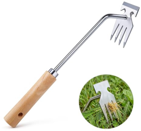 Flintronic Trädgårdsarbete, hand, ogräsborttagare, rostfritt stål med handtag, trähandtag, 4 tänder, ogräs, fogskrapa, trädgårdsverktyg för att ta bort ogräs och lossa