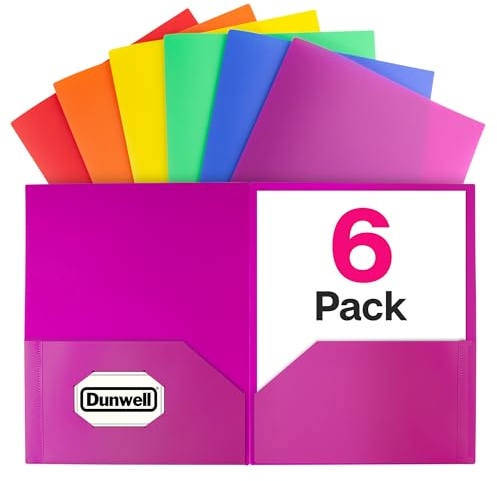 Dunwell Plastic 2-Pocket Folders (6 Pack, Assorted Colors), 8.5x11 Document Folders for School and Office, Heavy Duty Poly, Long Lasting, Includes Labels