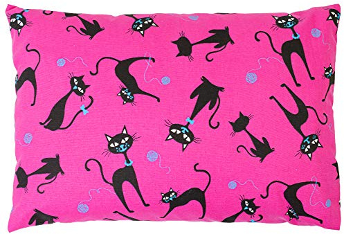 Cuscino con 8 erbe 30 x 20 cm gatto nero-sfondo fuchsia (anice, camomilla, melissa, salvia, lavanda, timo, rosmarino, menta piperita) - Cuscino con profumo naturale