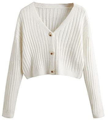 SweatyRocks Women's Long Sleeve Button Front V Neck Soft Knit Cardigan Sweaters Solid White M