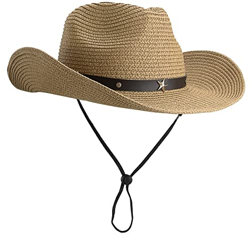 Shapeable Fedora Panama Hat Womens Straw Cowboy Hat Floppy Beach Sun Hat Wide Birm, Khaki, Medium