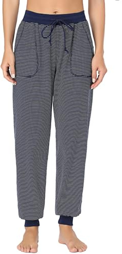 Irdcomps Bas de Pyjama Femme Coton Pantalon de Pyjama avec Poche Pantalon de Nuit Pantalon de Loisirs Bande Confortable Respirant pour Yoga Loisir Sport Bleu Foncé L