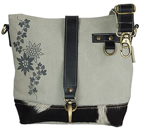 Domelo Damen Trachtentasche. Umhängetasche mit Edelweiß & Hopfenzweig Aufdruck. Graue Crossover Bag in Trachten Vintage- Retro Stil.