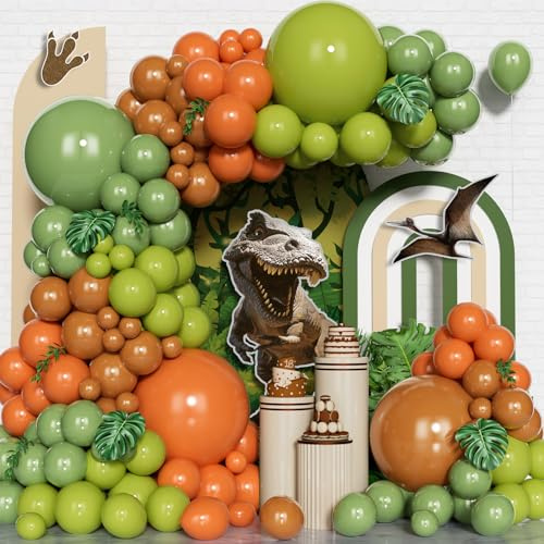 Kit Arco Palloncino Dinosauro, 167 Pezzi Kit Ghirlanda Palloncini Verde Arancio Marrone, Palloncini Verde Salvia Verde Oliva per Ragazzi Safari nella Giungla Dinosauro Tema Gioco Selvaggio per Feste
