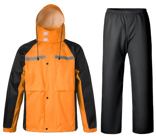 Oralidera Hombre Traje de Lluvia Reflectante Traje de Agua Impermeable Conjunto de Chaqueta y Pantalón de Lluvia Traje Impermeable de Trabajo Chaqueta Impermeable, Naranja+Negro, L