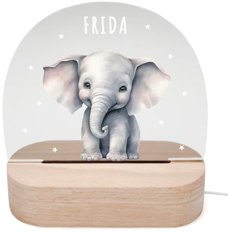 DEL MÀ Unique & Personal Personalisiertes Elefant Nachtlicht Kinder & Babys Babyzimmer Deko Kinderzimmer Nachtlampe Mädchen Jungen Kinderlampe Inkl. Holzfuß