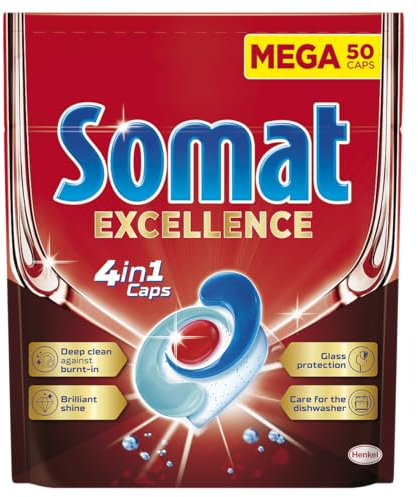 Somat Excellence 4 en 1 Pastillas (1 x 50 tabs), detergente lavavajillas que elimina los residuos quemados, pastillas lavavajillas con brillo excelente, jabón para vajilla
