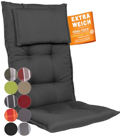 gardisun Gartenstuhlauflagen Hochlehner mit Kopfteil I Extra Dicke Sitzauflagen I Made in EU I Ideale Polsterauflagen für Hochlehner I Auflagen mit extra hoher Lichtechtheit I 1er Set I Anthrazit