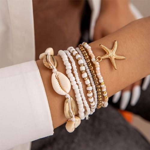 Nayyana Muschel-Armbänder für Frauen - Boho-Mehrschicht-Perlenarmbänder mit Muscheln und Seesternen - Sommer-Strand-Schmuck für Mädchen und Frauen