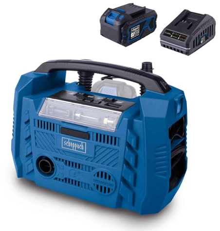 Scheppach Akku Kompressor Airforce 6 | Luftleistung 21 L/min | Arbeitsdruck 10,3bar | 3 Antriebsarten 230V/20V/12V (PKW) | USB-A & USB-C | 20V-IXES-Serie | 10 Jahre Garantie | mit 4Ah Akku & Ladegerät