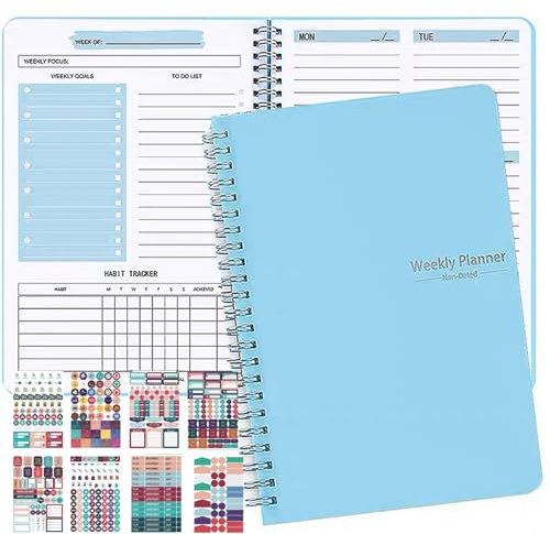 Undatierter Wochenplaner 52 Blatt Weekly Planner mit 8 Planungsaufklebern A5 Tagesplaner Notizbuch Selbstausfüllendes Block als Buchkalender Schülerkalender Notizblock Organizer Buch(Blau)
