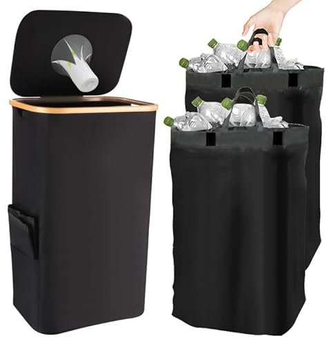 105L Recycling Bins with Flip Top,Recycling Bin for Kitchen Home,Separate Recycling Waste Bags with 2 Bags, Recyclable Waste Trash Sorting Organizer for Collecting Empties,Deposit Bottles (Black)