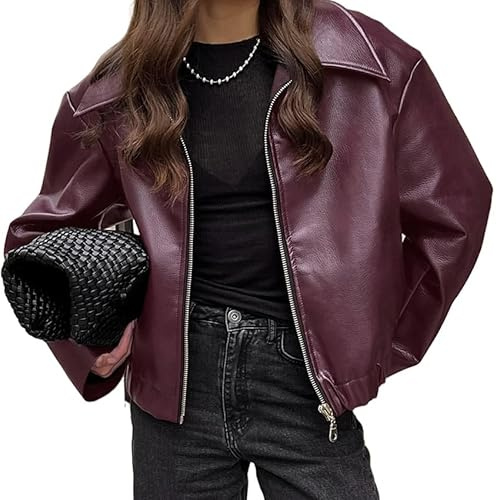 BeiRiJL Chaqueta de cuero sintético burdeos para mujer con solapa y cremallera, manga larga, abrigos de mujer (Reino Unido, Alfa, S, Regular, Regular, Burdeos)