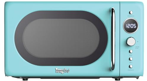 Total Chef Microwave Oven 20L 700W Retro Mini Ovens Digital LED Display 8 Preset Modes 60 Min Timer 5 Cooking Power Levels Removable Glass Turntable Countertop Freestanding Small Microwaves Blue