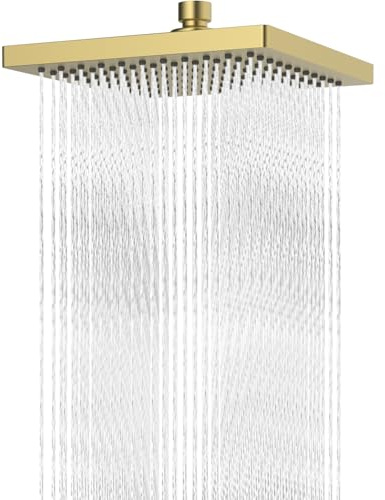 Hibbent Soffione Doccia a Pioggia, 8 Pollice (20x20cm), Docce Fisso Quadrato in Acciaio Inox, Soffione Doccia Grande Anticalcare ad Alta Pressione, Angolo Regolabile e Girevole, Oro stirato