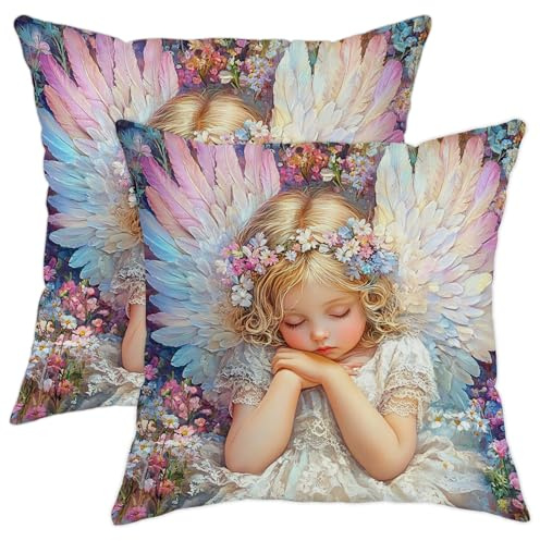 Juego de 2 fundas de almohada con alas de ángel, cojines decorativos florales pastel para primavera, bonito diseño de hadas infantiles para el hogar, sofá, cama, sofá, 26 x 26 pulgadas