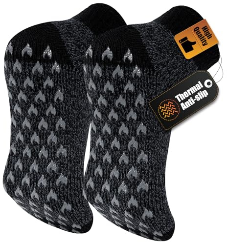 SukModen Mens Thermal Slipper Socks with Anti Slip Grips 1 Pair – Thick Fluffy Non Slip House Socks, Warm Knitted Bed Socks for Men Winter & Christmas, Sizes 6-11 11-15 Black Grey Blue