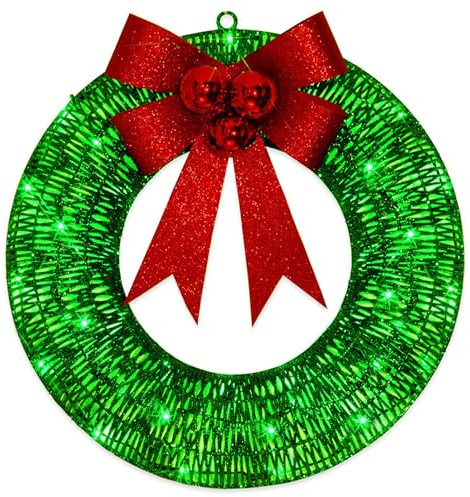 Corona navideña con Luces y Arco 11.81 Corona Artificial de Metal Verde para la Puerta Delantera, al Aire Libre y la Puerta de Navidad de la decoración del hogar