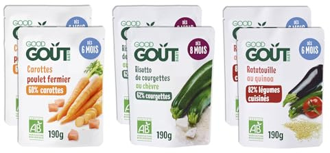 GOOD GOÛT - Lot De 6 Plats Cuisinés Pour Bébé - 2xRisotto Courgettes Chèvre + 2xCarottes Poulet + 2xRatatouille Quinoa - Fabriqué En France - Sachets Micro-Ondables