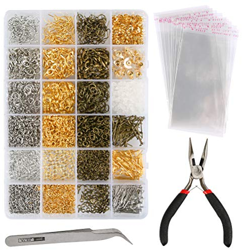 TIMESETL 3000Stück Schmuckherstellung Schmuck Basteln Zubehör Kit, Bronze Silber Gold DIY Schmuckherstellung Zubehör Set mit Zange Pinzette für Ohrringe Armband Halskette DIY Anfänger