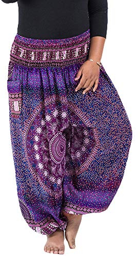 Nuofengkudu Herren Damen Lockere Hippie Hosen Haremshose Große Größen Boho Bbunte Pumphosen Stoffhose Indische Yogahosen Leichte Sommerhose (Violett Floral,One Size)