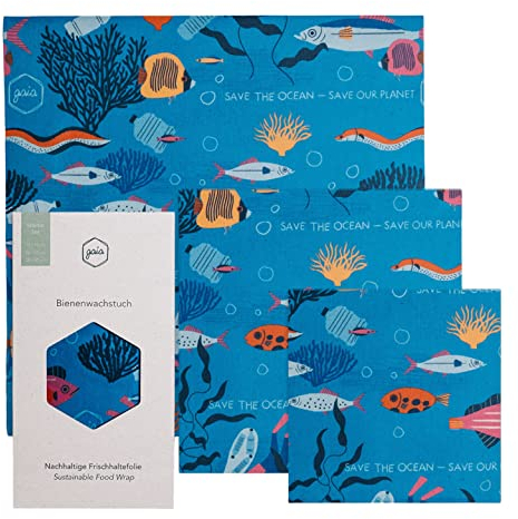 Gaia Bienenwachstücher Bio - 3er Set, Nachhaltiger Frischhaltefolien Ersatz, In Deutschland handgemacht, Wachstücher für Lebensmittel und Brot (Ozean)