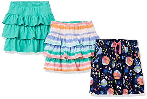 Amazon Essentials Girls' Knitted Ruffle Skort Skirts (Previously Spotted Zebra), Pack of 3, Navy Space/Turquoise Green/White Tie Dye, 8 Years