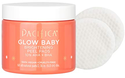 Pacifica Glow Baby Brightening Peel Pads 10% AHA + BHA Exfoliating Face Pads for Glowing Skin Resurfacing Glycolic Acid & Salicylic Acid Pad to Smooth Texture & Minimize Pores Fragrance Free 60 Count