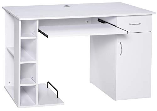 HOMCOM Bureau Informatique Table d'ordinateur multimédia Multi-rangements avec étagère tiroir Tablette Clavier MDF 120 x 60 x 74 cm Blanc